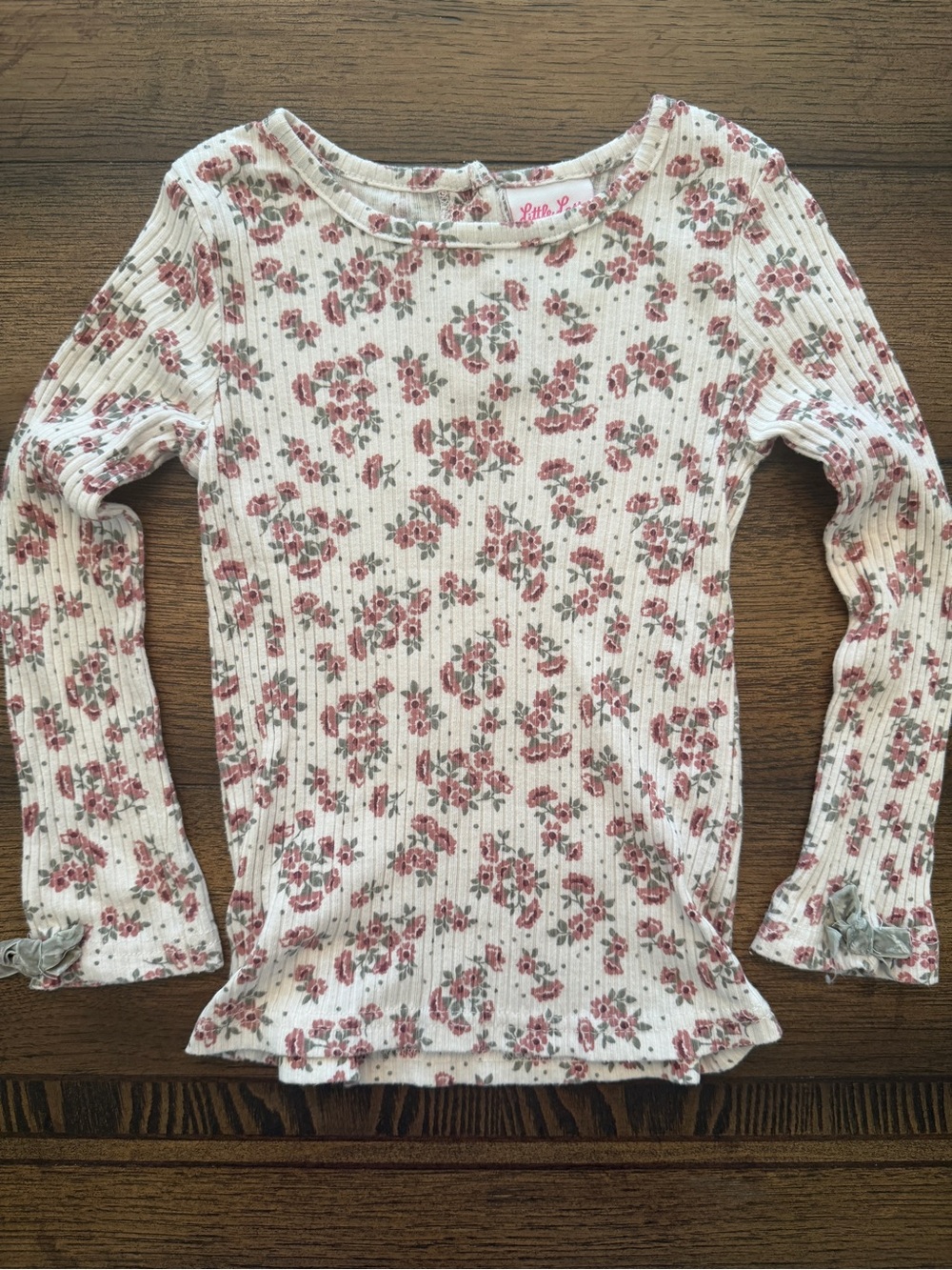 Little Lass Girls Size 6 Cream Long-Sleeve Ribbed Top with Pink Floral Print